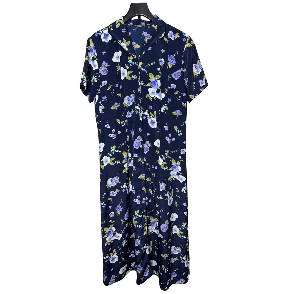 Impressions Workshop Navy Blue Floral Button Front Maxi Dress Back Tie Vintage